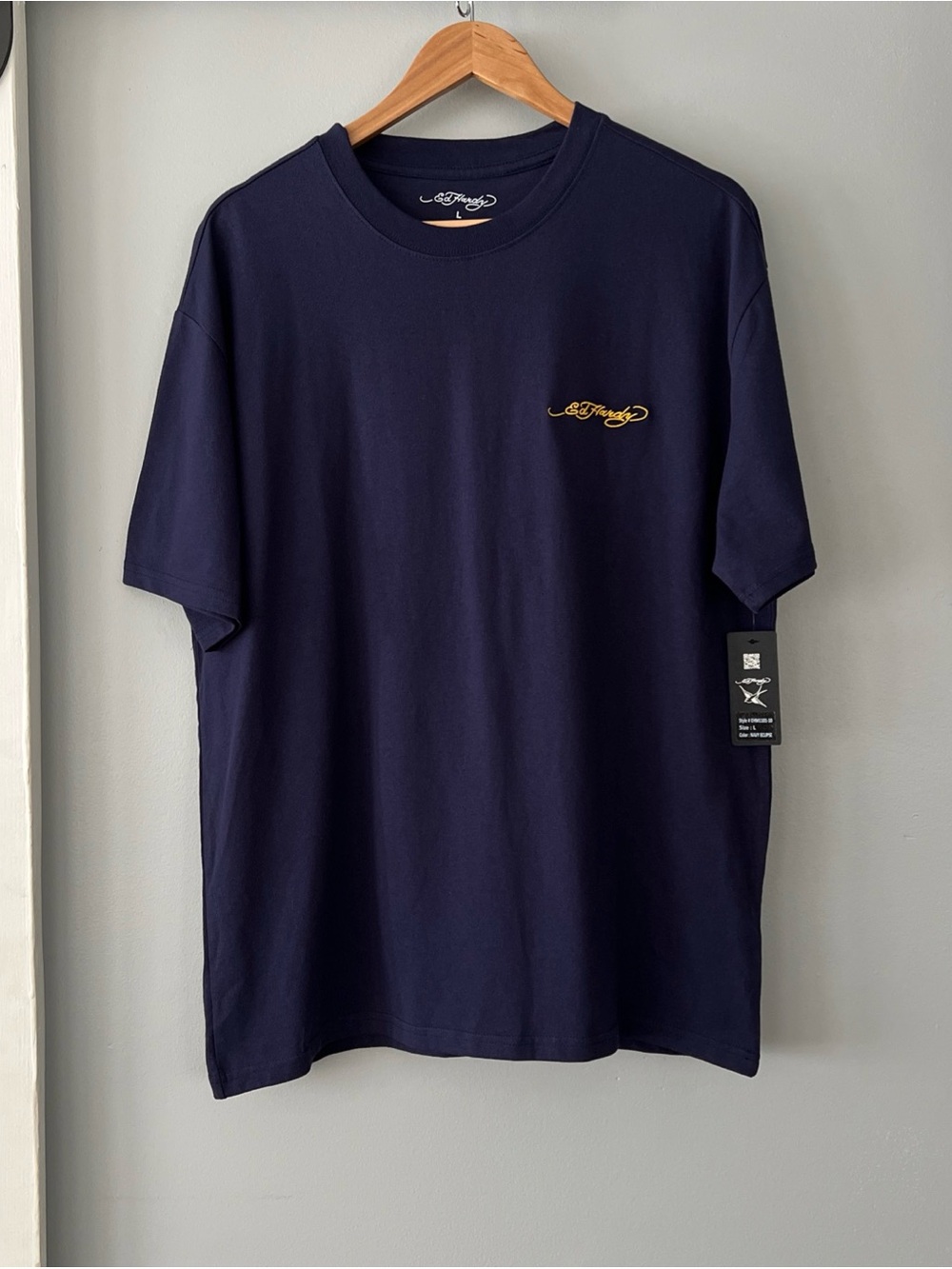 NEW Ed Hardy Men’s Large Signature Embroidered Logo Crewneck Navy Blue T-Shirt